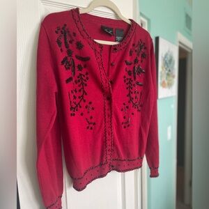 Vintage Christmas Red & Black Beaded Cardigan